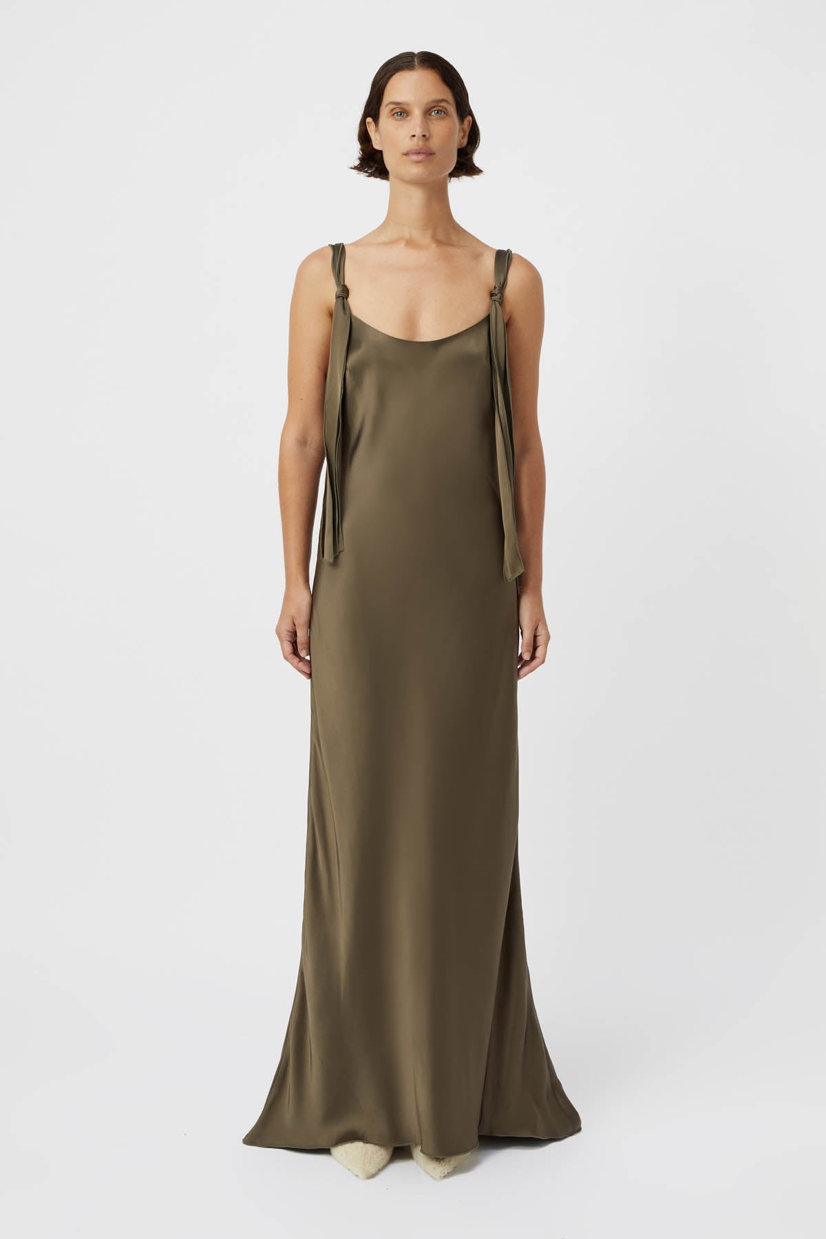 marionette maxi dress Marionette Bias Satin Maxi Dress in Smokey Quartz
