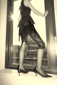Styled view CAMILLA AND MARC Siri Satin Pump in Black, featuring Italian satin with a pointed toe silhouette.
