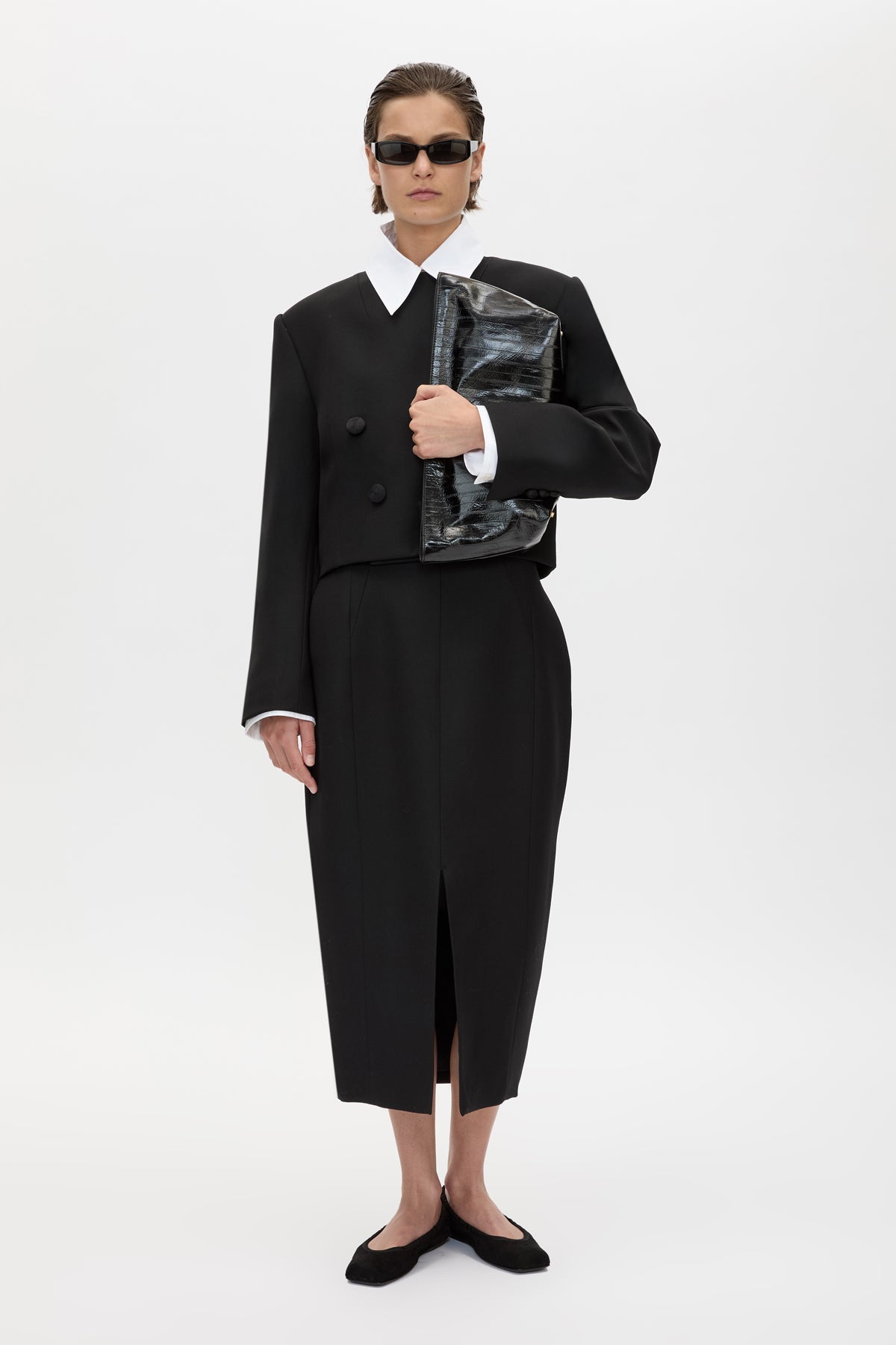 Front view CAMILLA AND MARC Caius Relaxed Cropped Blazer in Black with collarless neckline in Australian wool.