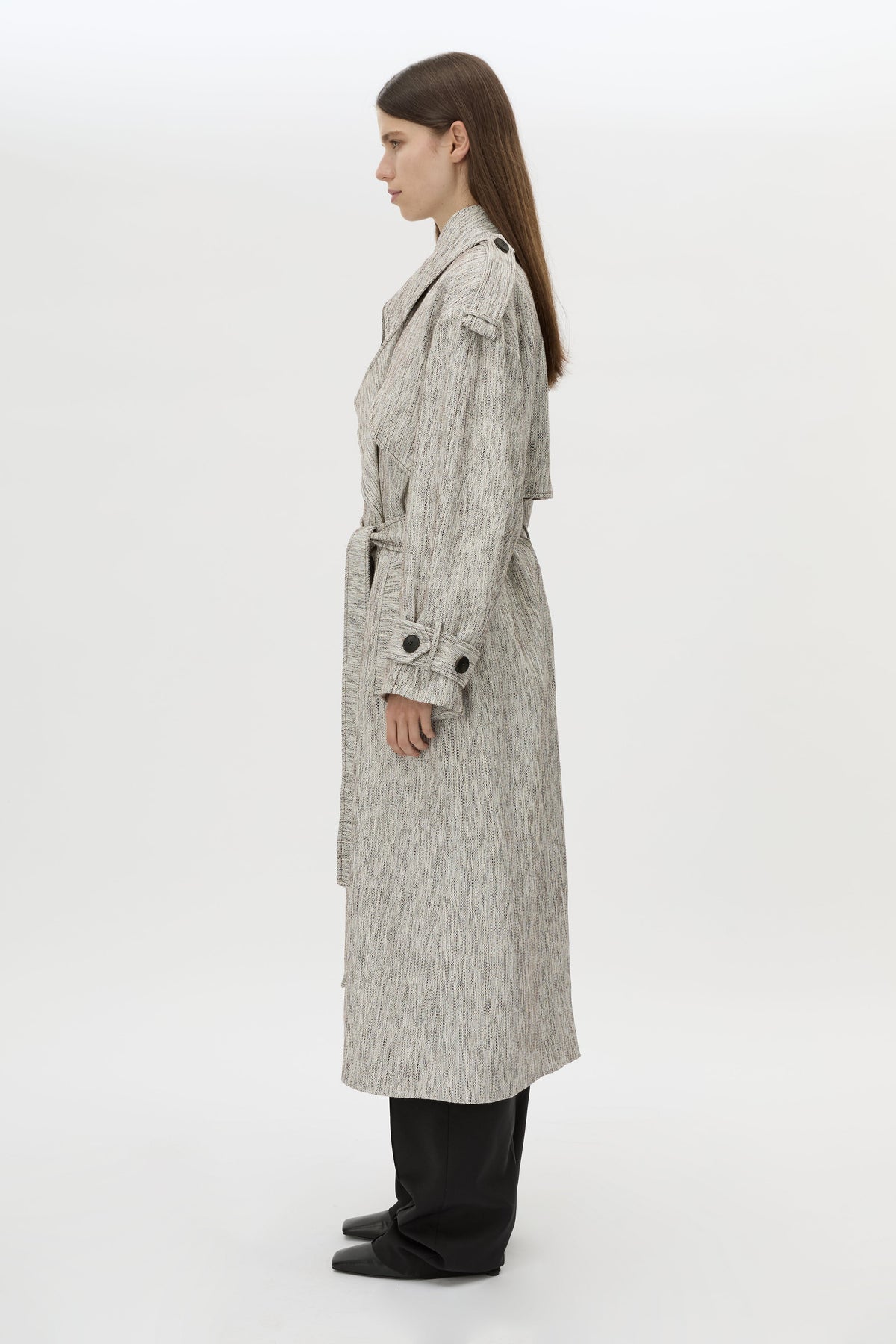 Side view CAMILLA AND MARC Maxine Trench Coat in Salt and Pepper with double‑breasted tailored silhouette.