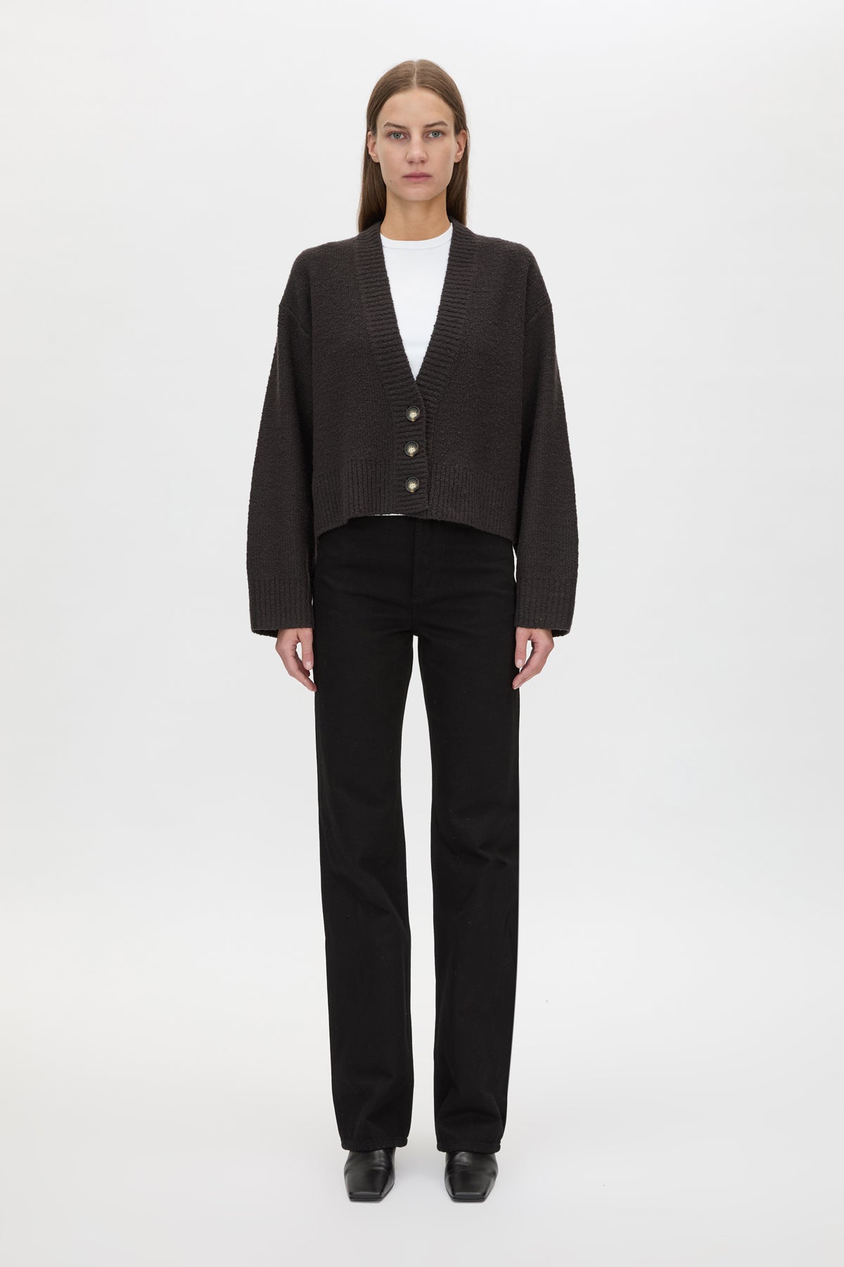 Front styled view CAMILLA AND MARC Atlas Knit Cardigan in Slate Grey with relaxed cropped silhouette.