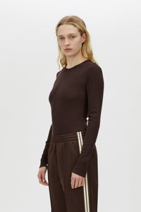 Cropped view CAMILLA AND MARC Barre Long Sleeve Top in Chocolate with slim silhouette.
