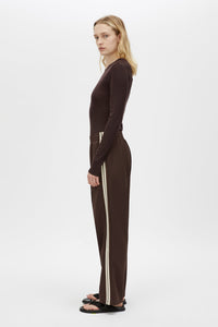 Side view CAMILLA AND MARC Barre Long Sleeve Top in Chocolate with slim silhouette.