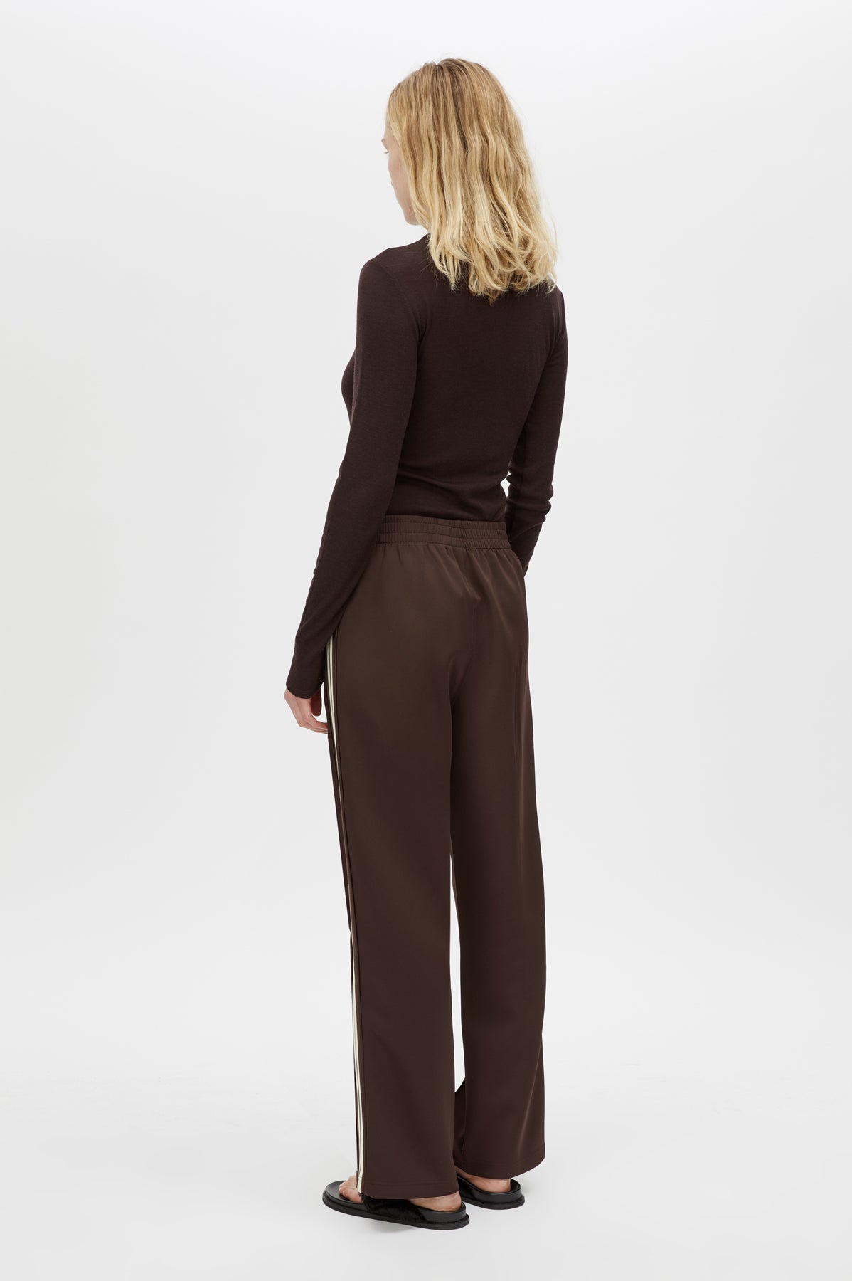 Back view CAMILLA AND MARC Barre Long Sleeve Top in Chocolate with slim silhouette.