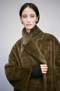 Styled view CAMILLA AND MARC Nala Furry Coat in truffle with oversized faux‑fur.