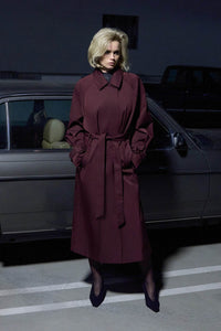 Styled view CAMILLA AND MARC Dia Trench Coat in Burgundy featuring Abbey Lee.
