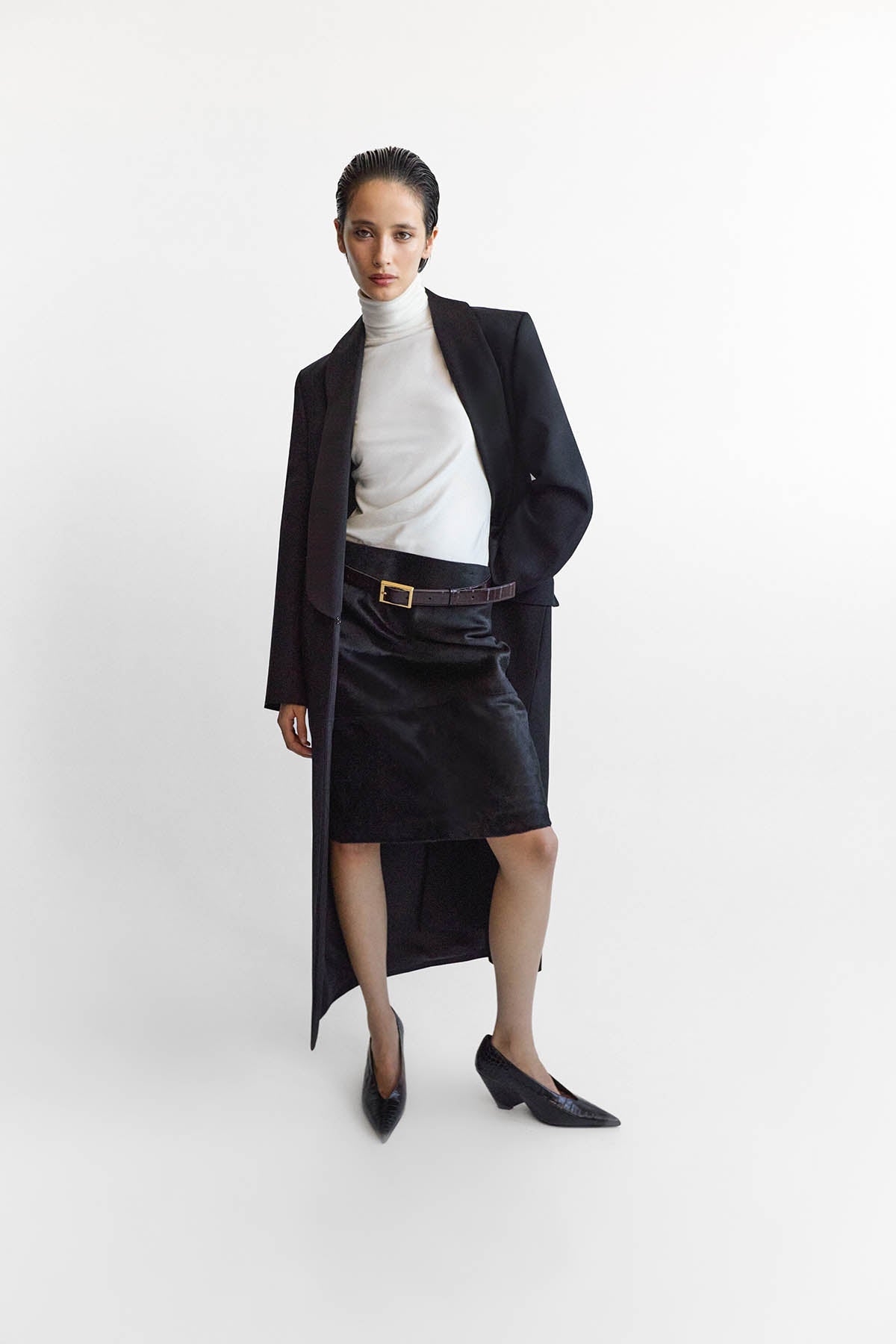 Styled view CAMILLA AND MARC Contour Leather Skirt in Black with the Natalini Coat.