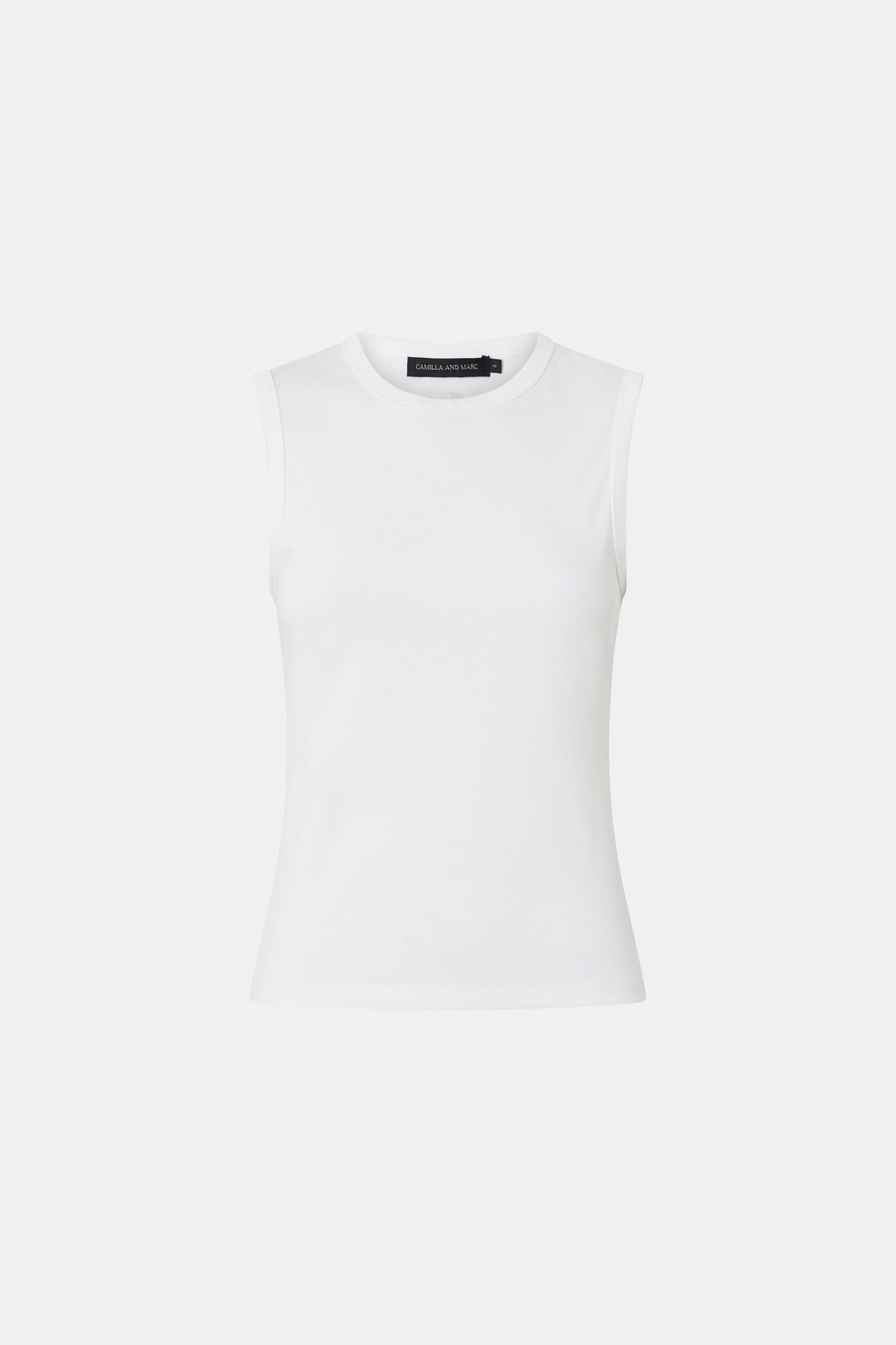 Ghost view CAMILLA AND MARC Alba Crew Neck Tank in White with fitted silhouette.