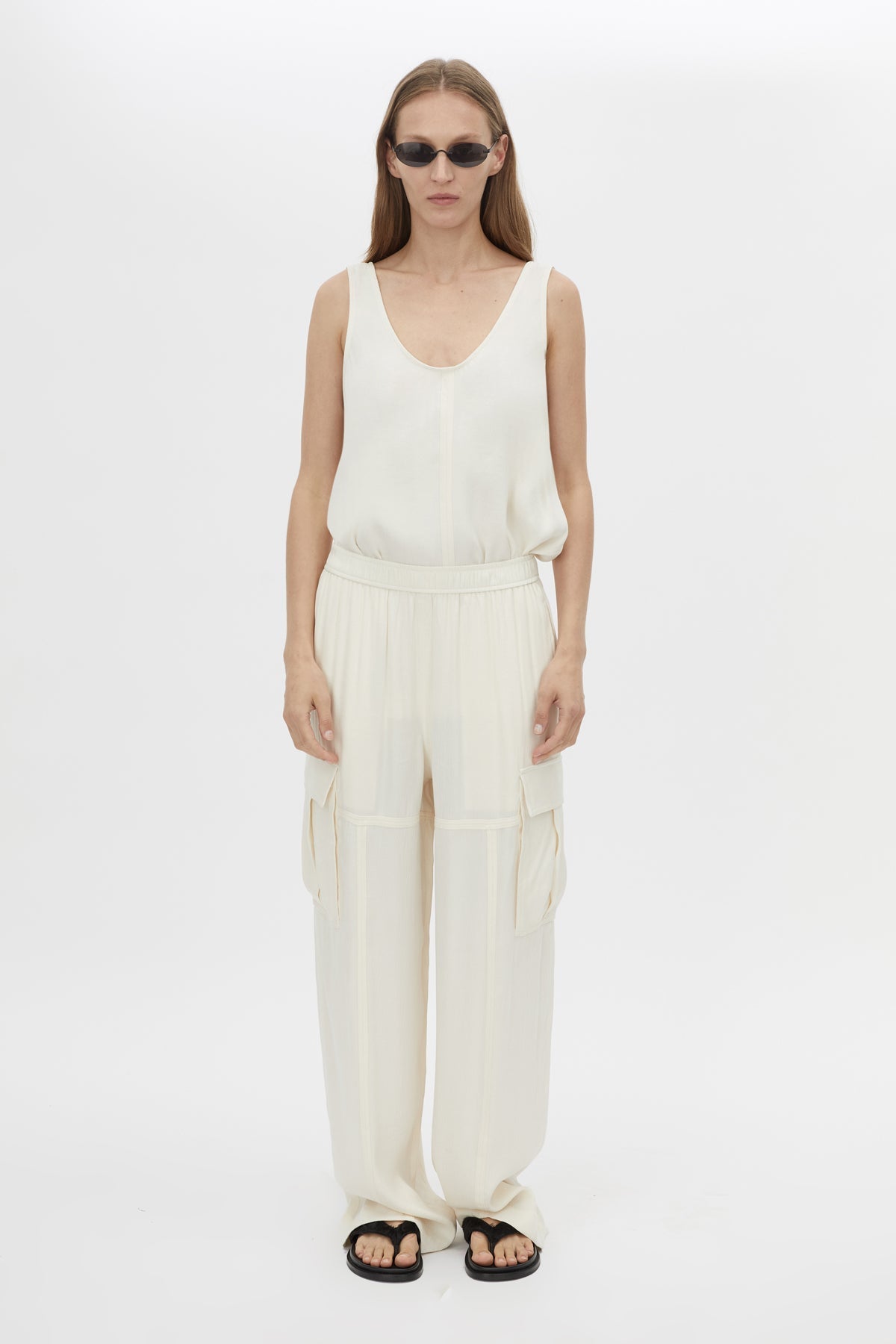 Front view CAMILLA AND MARC Allegro Satin Pant in Cream styled with the Allegro Satin Tank.