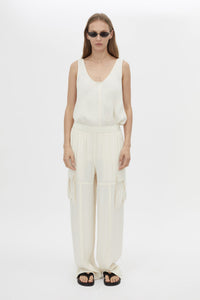 Front view CAMILLA AND MARC Allegro Satin Pant in Cream styled with the Allegro Satin Tank.