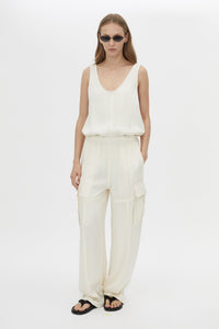 Front view CAMILLA AND MARC Allegro Satin Pant in Cream with mid‑rise cargo fit.