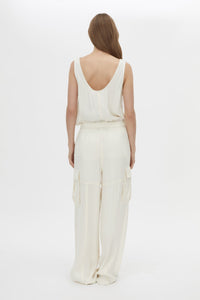 Back view CAMILLA AND MARC Allegro Satin Pant in Cream with mid‑rise cargo fit.