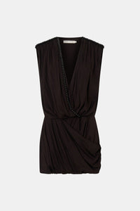 Ghost view CAMILLA AND MARC Amery Mini Dress in Espresso with draped short sleeves and a beaded neckline.
