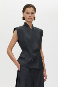Cropped view CAMILLA AND MARC Ascent Double Breasted Vest in Dark Grey with tailored wool finish.