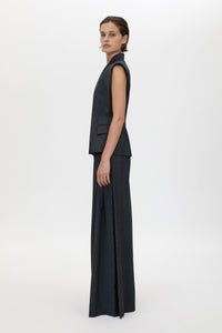 Side view CAMILLA AND MARC Ascent Double Breasted Vest in Dark Grey with tailored wool finish.