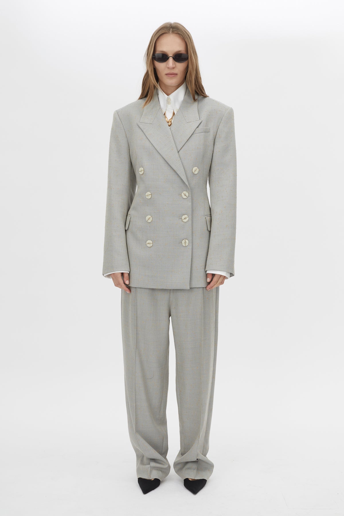 Front view CAMILLA AND MARC Aspira Pant in Dusty Blue with a wide‑leg tailored silhouette.