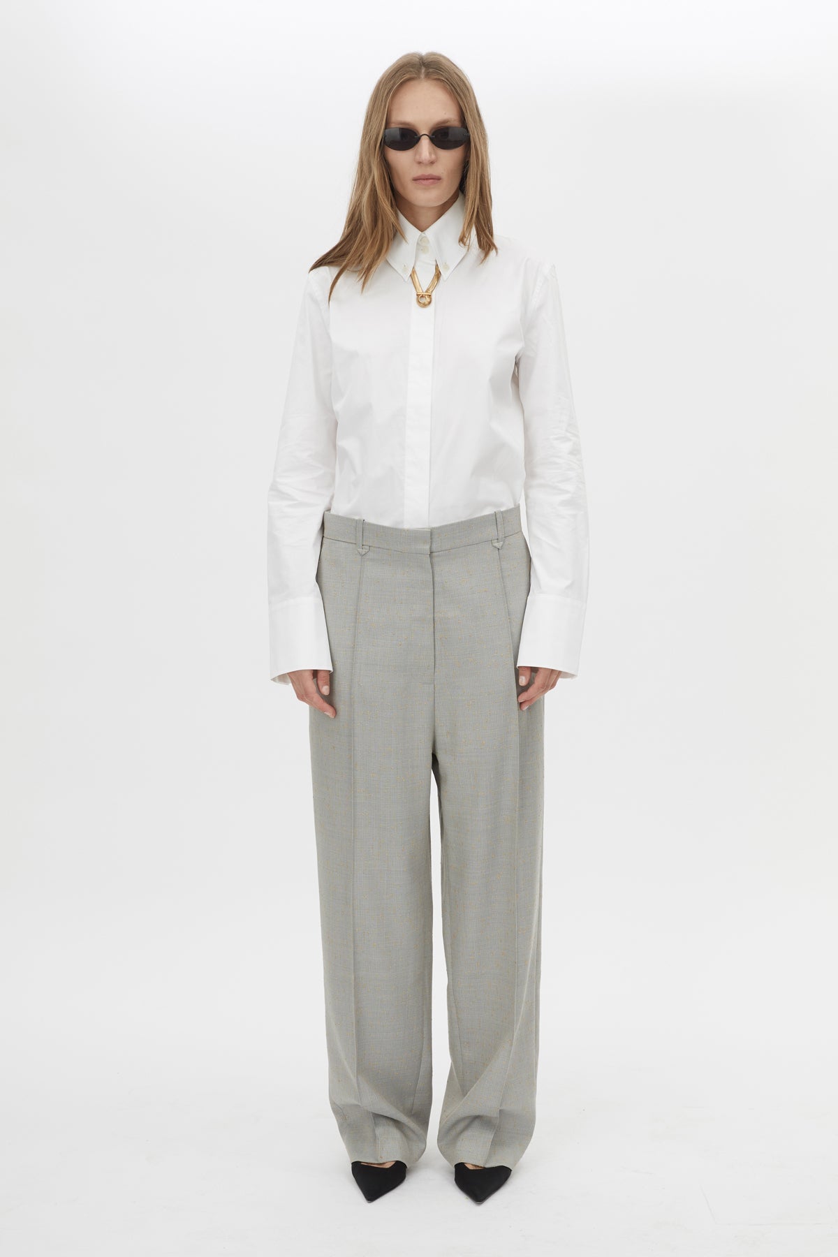 Front styled view CAMILLA AND MARC Aspira Pant in Dusty Blue with a wide‑leg tailored silhouette.