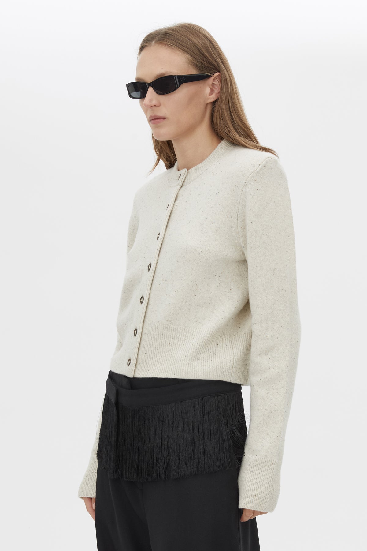 Close up View CAMILLA AND MARC Atkinson Knit Cardigan in cream with cropped fit and removable shoulder pads