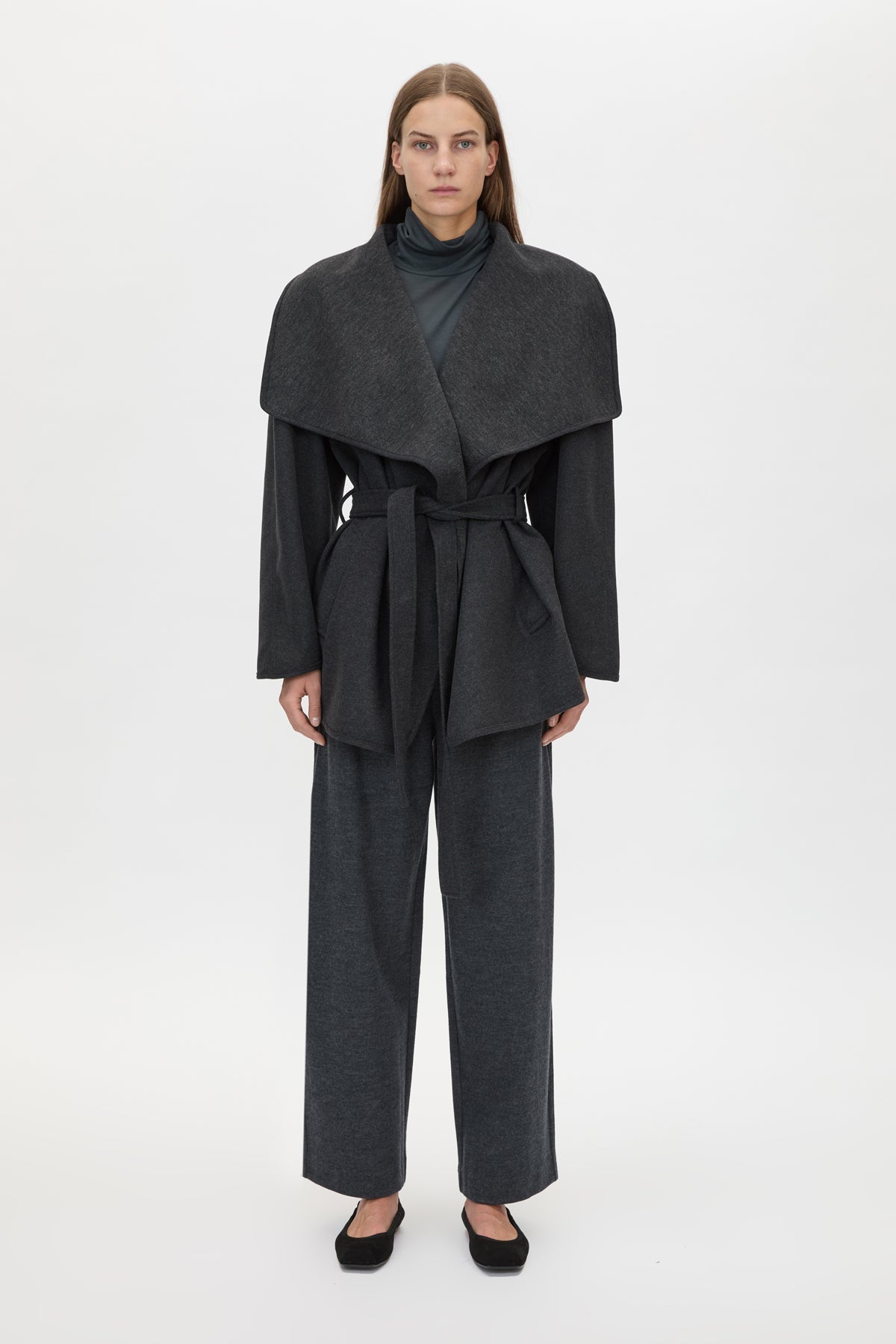 Front view CAMILLA AND MARC Audrey Wrap Jacket in Charcoal Grey with relaxed belted silhouette.