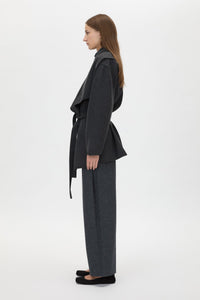 Side view CAMILLA AND MARC Audrey Wrap Jacket in Charcoal Grey with relaxed belted silhouette.