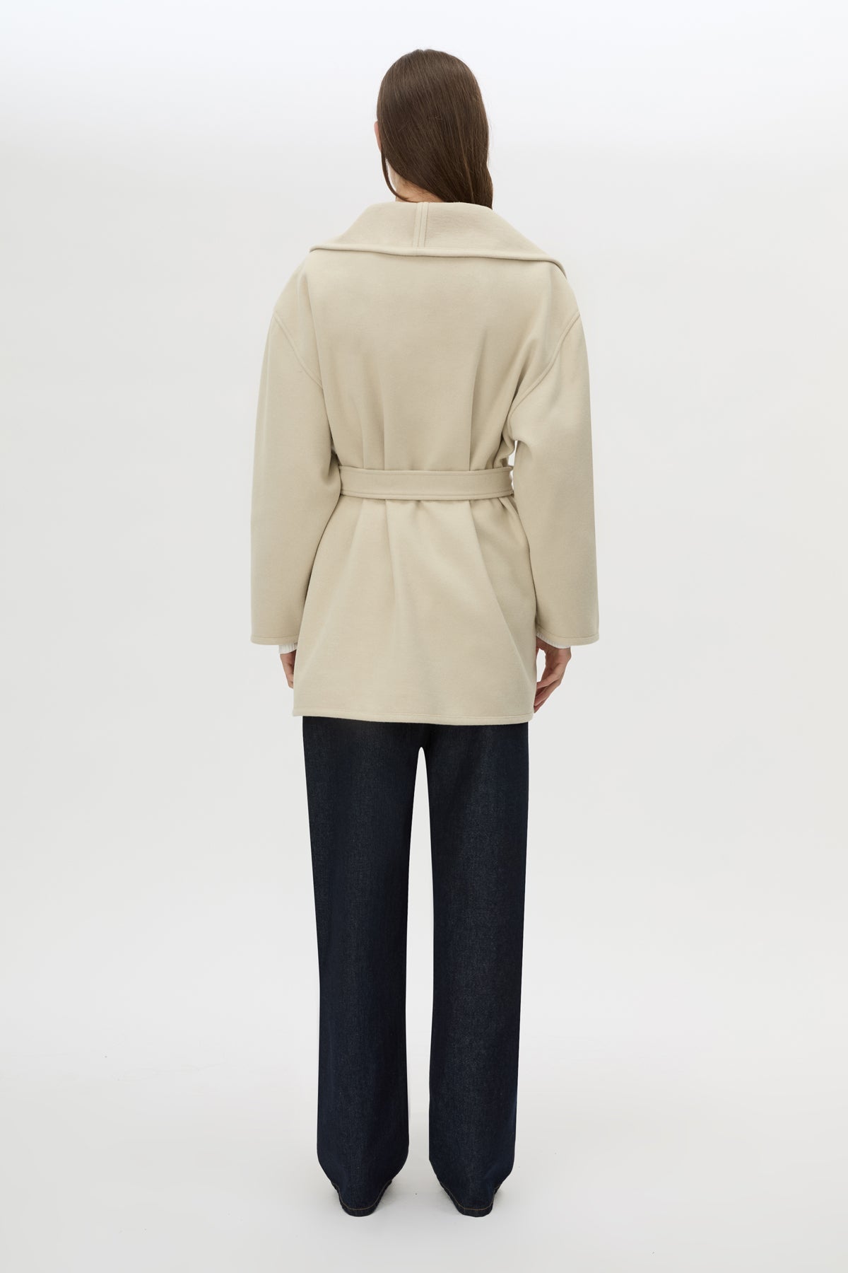 Back view CAMILLA AND MARC Audrey Wrap Jacket in oat with relaxed belted silhouette.