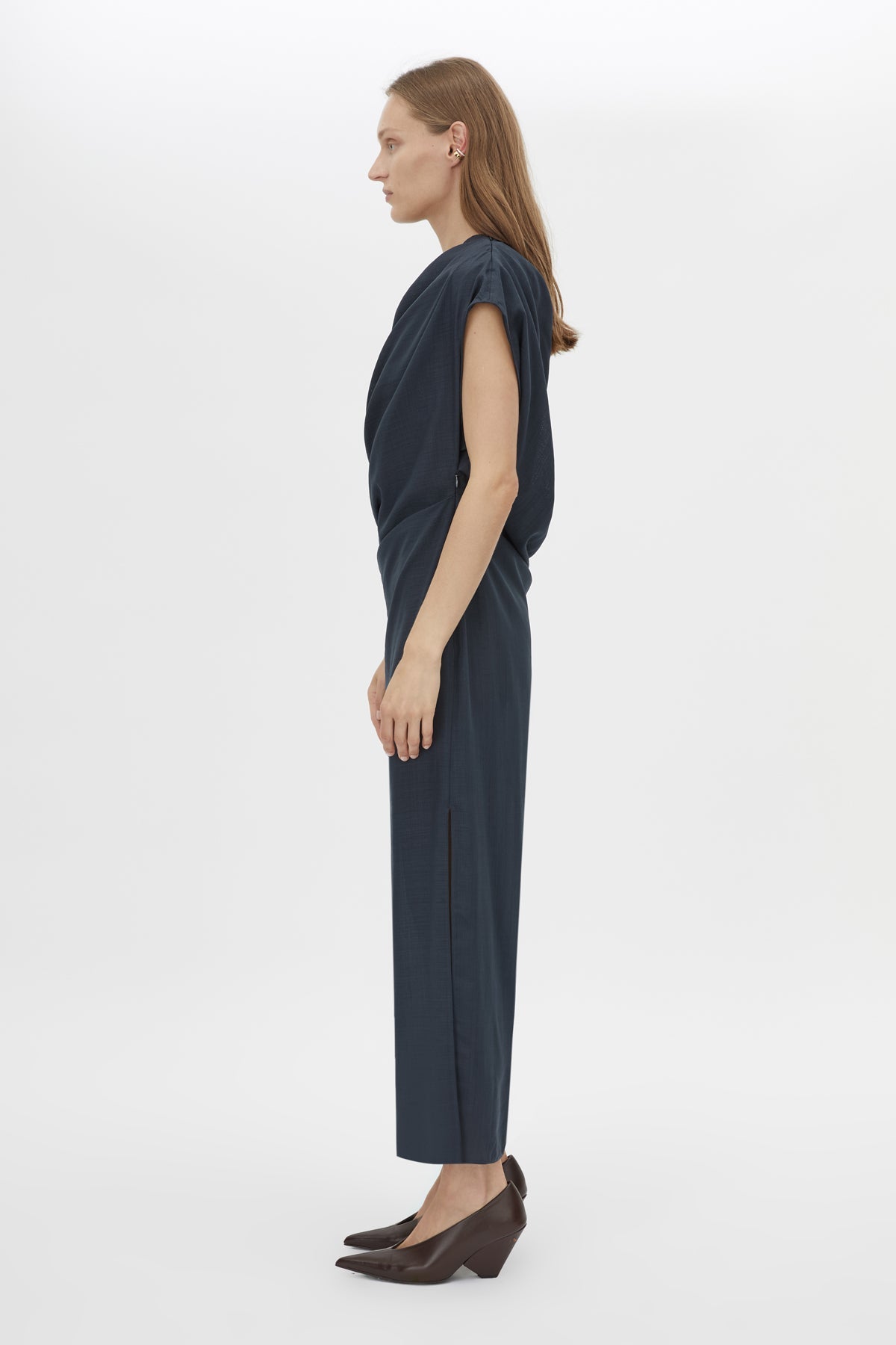 Side view CAMILLA AND MARC Audry Midi Dress in French Navy with draped sleeveless silhouette.