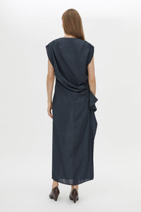 Back view CAMILLA AND MARC Audry Midi Dress in French Navy with draped sleeveless silhouette.