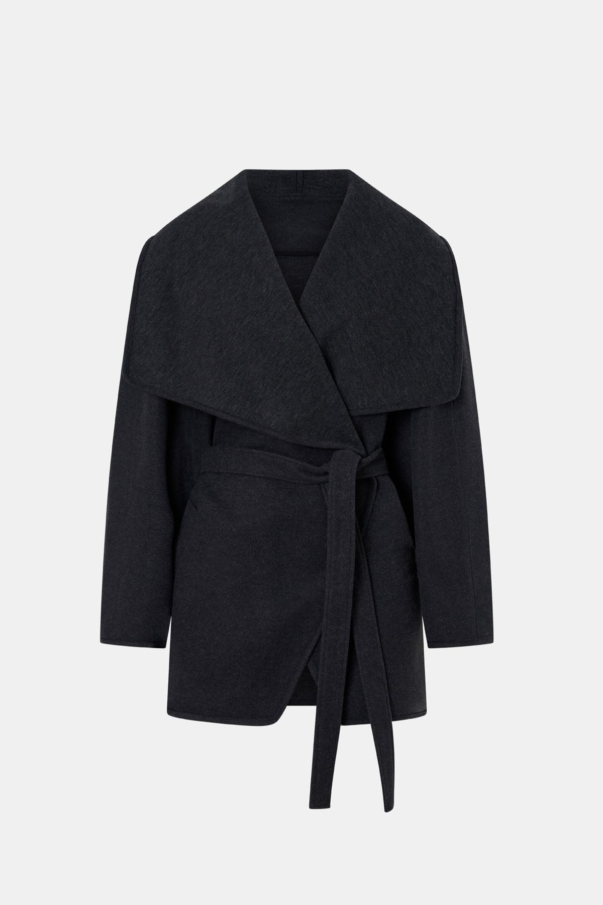 Ghost view CAMILLA AND MARC Audrey Wrap Jacket in Charcoal Grey with relaxed belted silhouette.