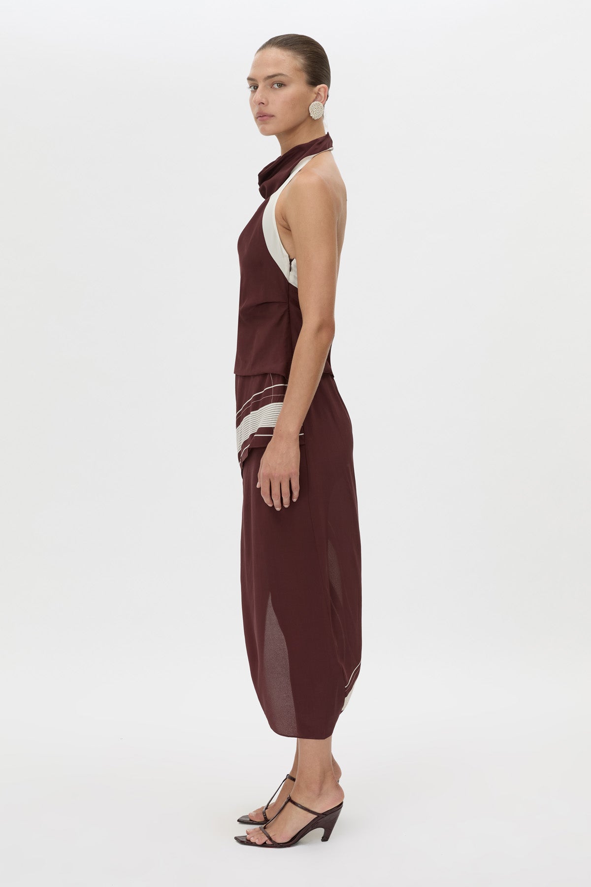 Side view CAMILLA AND MARC Barolo Midi Dress in cream print with high-cowl neckline.