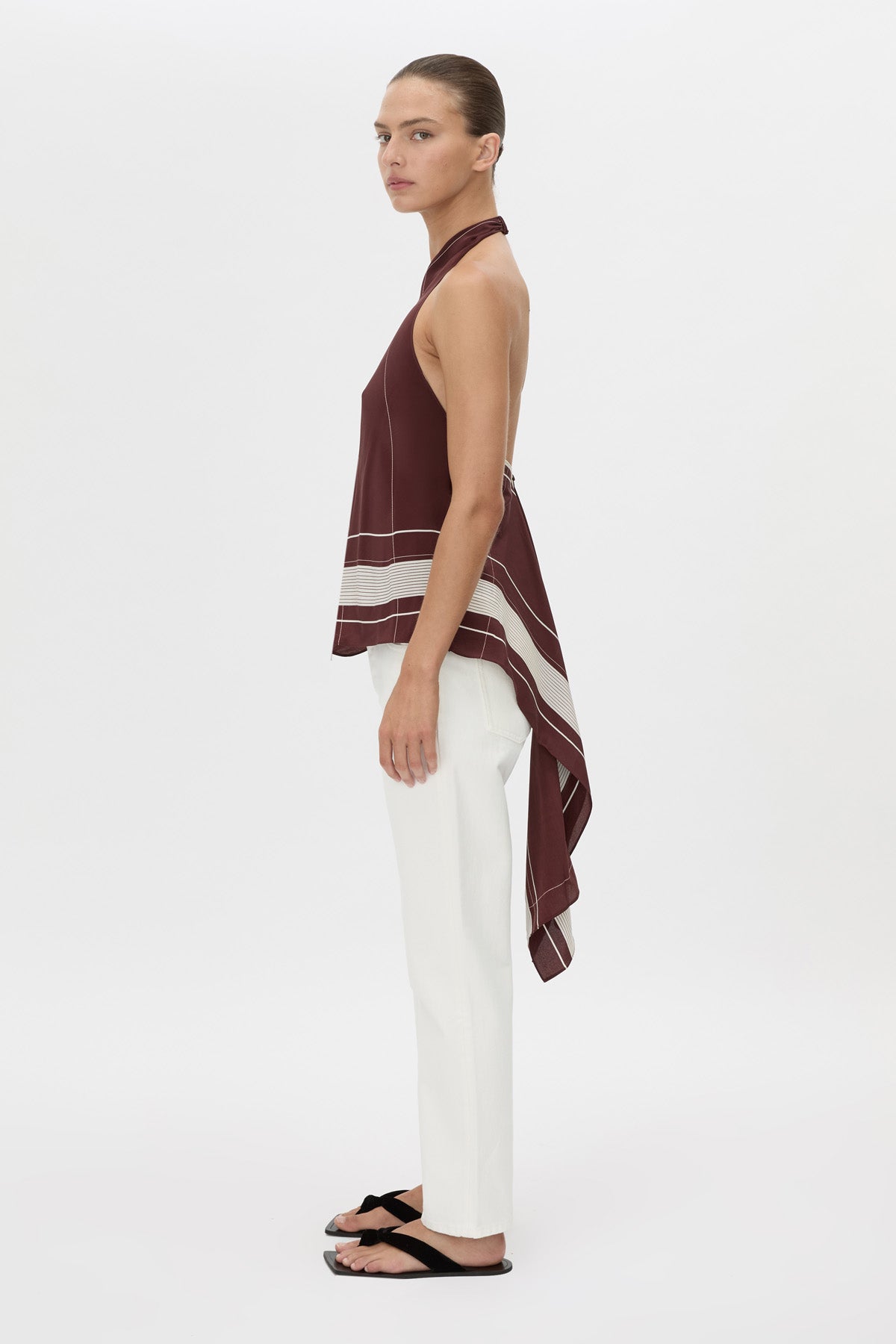 Side view CAMILLA AND MARC Barolo Top in cream print with high‑neckline and open back.