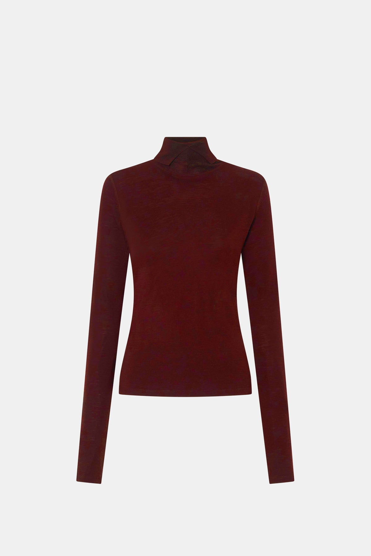 Ghost view CAMILLA AND MARC Barre High Neck Top in Burgundy with long sleeves and V‑neck split turtleneck.