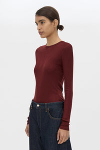 Cropped view CAMILLA AND MARC Barre Long Sleeve Top in Burgundy with fitted silhouette and crew neckline.