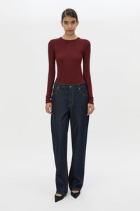 Front view CAMILLA AND MARC Barre Long Sleeve Top in Burgundy with fitted silhouette and crew neckline.