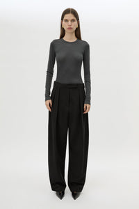 Front view CAMILLA AND MARC Barre Long Sleeve Top in Charcoal Grey styled with the Tala Double Barrel Pant.