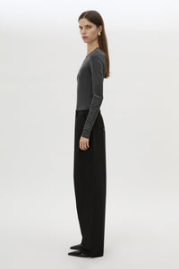 Side view CAMILLA AND MARC Barre Long Sleeve Top in Charcoal Grey with fitted silhouette and crew neckline.