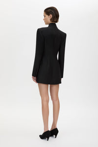 Back view CAMILLA AND MARC Caius Tailored Mini Dress in Black with double‑breasted button closure.