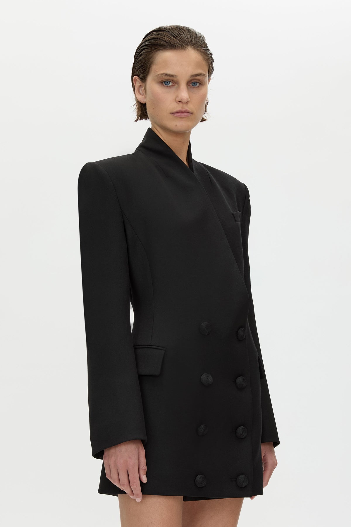 Cropped view CAMILLA AND MARC Caius Tailored Mini Dress in Black with double‑breasted button closure.