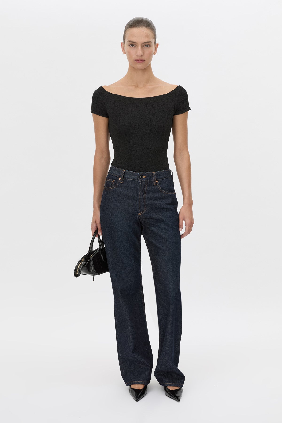 Front view CAMILLA AND MARC Cali Off The Shoulder Bodysuit in black.