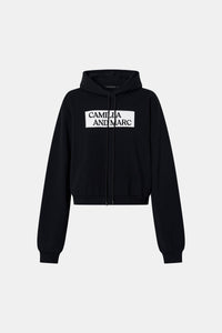 Ghost view CAMILLA AND MARC Carmont Graphic Hoodie in Black with boxy fit and black graphic logo.