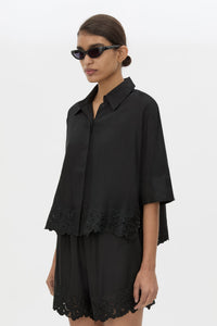 Cropped view CAMILLA AND MARC Chara Embroidered Cropped Shirt in Black with short sleeves.