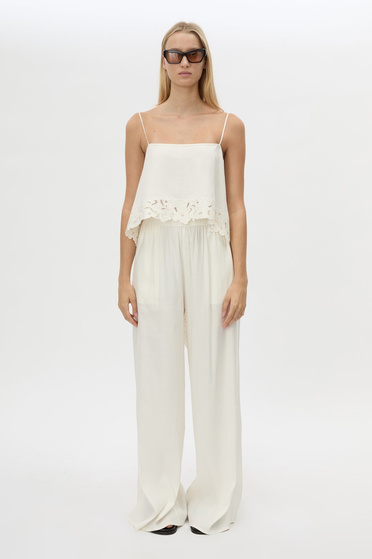 Front view CAMILLA AND MARC Chara Relaxed Pant in Cream styled with the Chara Embroidered Top.