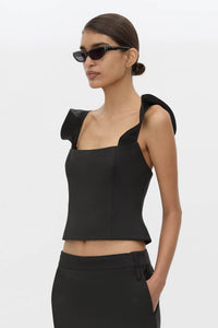 Cropped view CAMILLA AND MARC Chiaro Tailored Top in black with fluted ruffle straps.