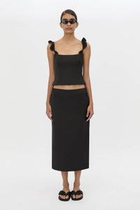 Front view CAMILLA AND MARC Chiaro Tailored Top in black with fluted ruffle straps.