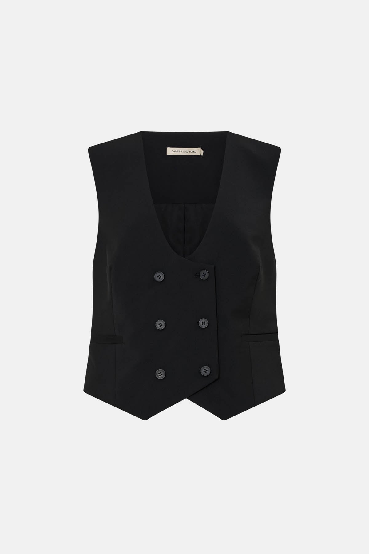 Ghost view CAMILLA AND MARC Chiaro Fitted Vest in black with double‑breasted closure.
