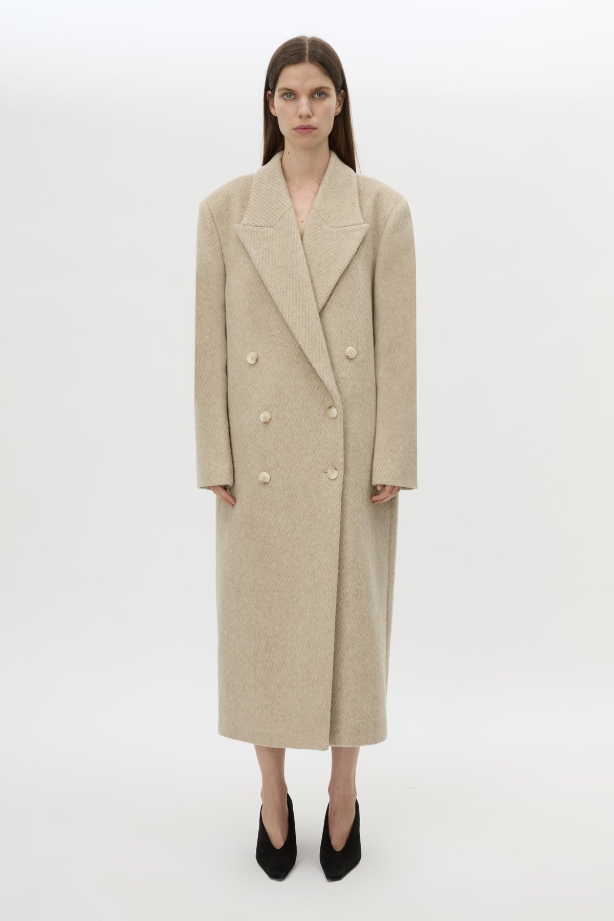 Front styled view CAMILLA AND MARC Ciro Coat in Beige with detachable scarf, crafted from 100% Australian wool. 