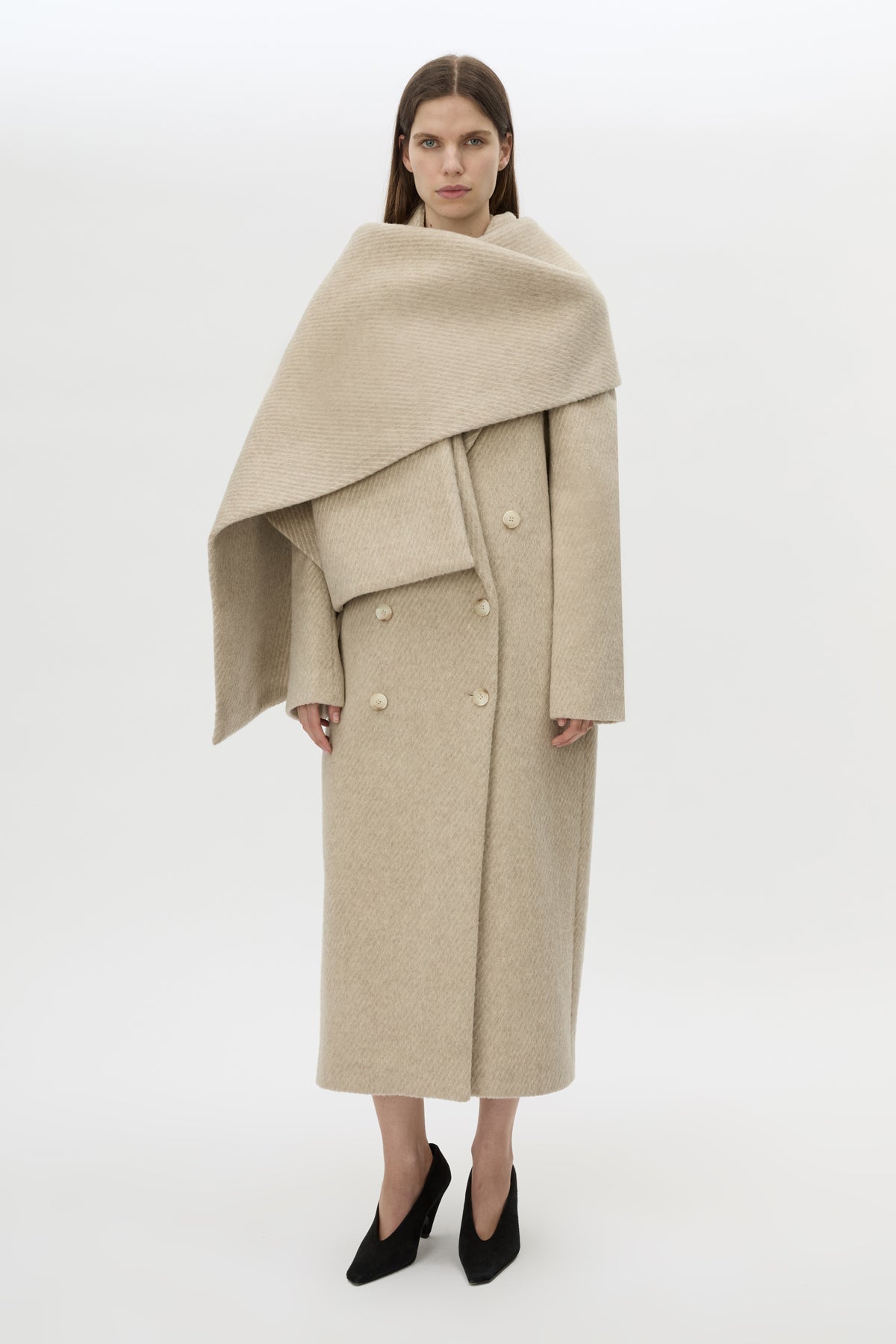 Front view CAMILLA AND MARC Ciro Coat in Beige with detachable scarf, crafted from 100% Australian wool. 