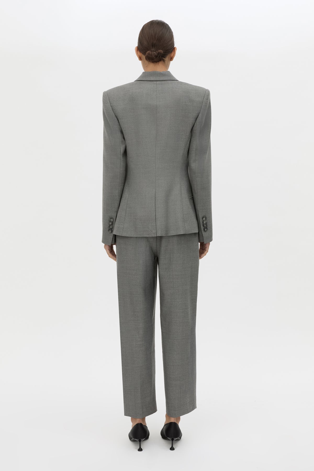 Back view CAMILLA AND MARC Crest Fitted Blazer in Grey Marle with double‑breasted front and sharp lapel.