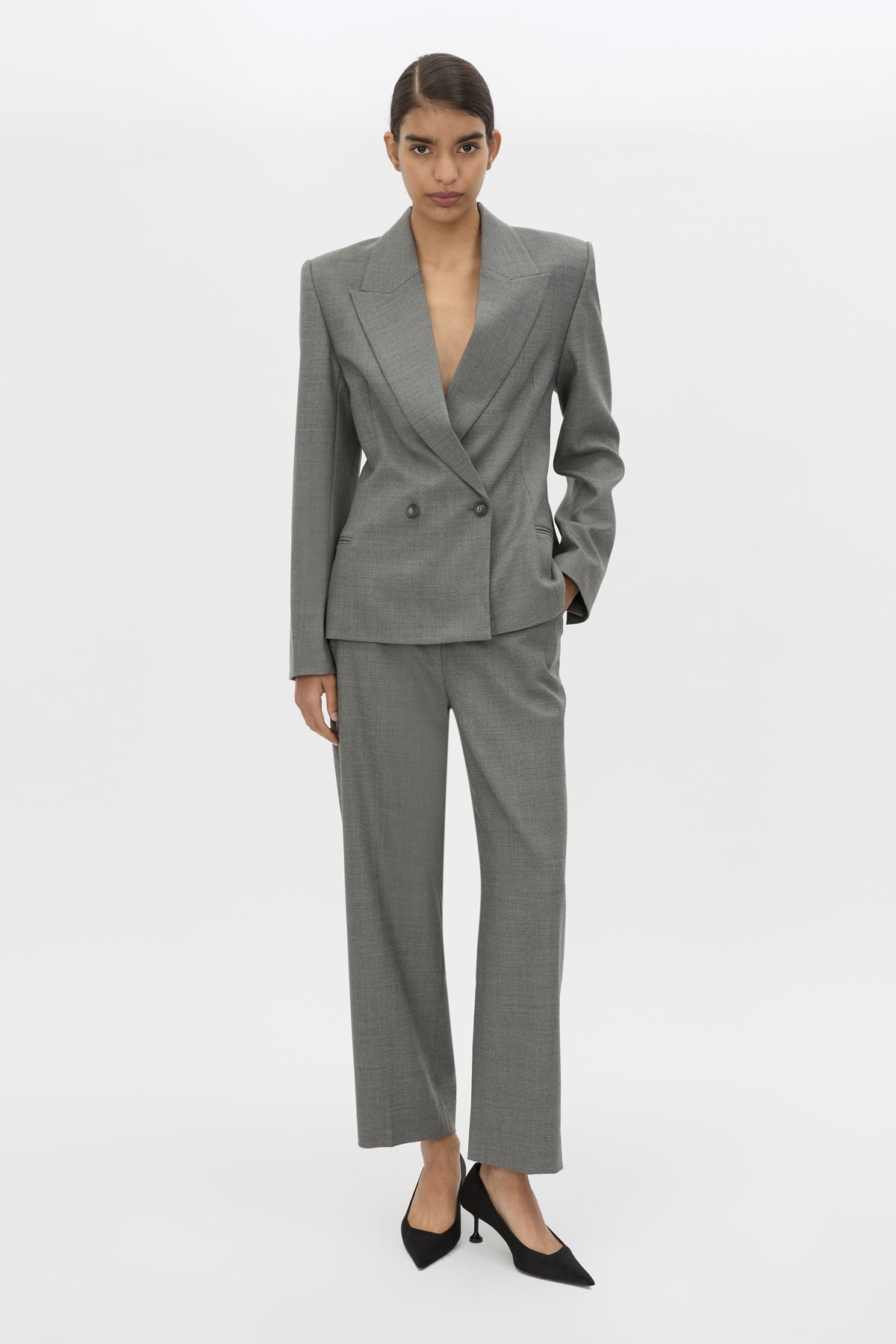 Front view CAMILLA AND MARC Crest Fitted Blazer in Grey Marle with double‑breasted front and sharp lapel.