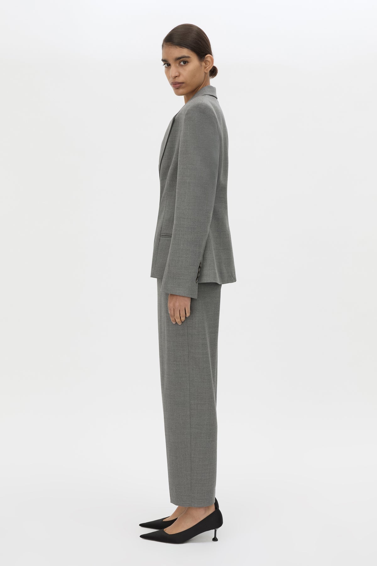 Side view CAMILLA AND MARC Crest Fitted Blazer in Grey Marle with double‑breasted front and sharp lapel.
