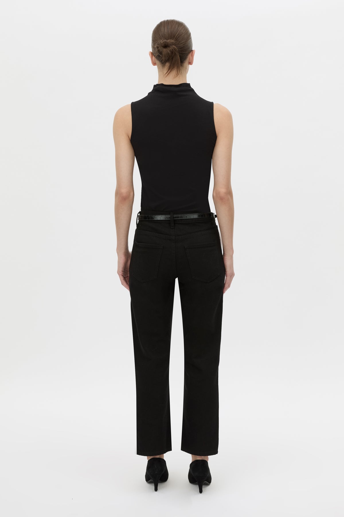 Back view CAMILLA AND MARC fitted Dakota Sleeveless High Neck Top in black.